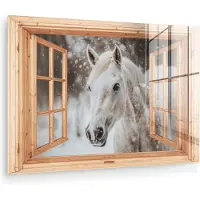 MuchoWow Glasschilderij 30x20 cm - Schilderij acrylglas - Doorkijk - Paard - Wit - Winter - Sneeuw - Dieren - Foto op glas - Muurdecoratie woonkamer - Wanddecoratie slaapkamer - Schilderijen
