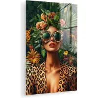 MuchoWow Glasschilderij 120x180 cm - Schilderij acrylglas - Vrouw - Panterprint - Jungle - Natuur - Luxe - Foto op glas - Muurdecoratie woonkamer - Wanddecoratie slaapkamer - Schilderijen