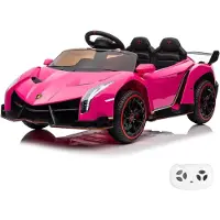 Vrooomy Lamborghini Veneno kinder elektrische auto, 12V (1-6 jaar) – Officieel gelicenseerd, met afstandsbediening, 4 motoren, EVA-banden en lederen stoel – Elektrische kinderauto, roze