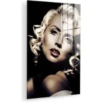 MuchoWow Glasschilderij 120x180 cm - Schilderij acrylglas - Vrouw - Vintage - Lippenstift - Blond - Krullen - Foto op glas - Muurdecoratie woonkamer - Wanddecoratie slaapkamer - Schilderijen