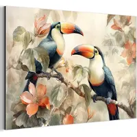 MuchoWow Aluminium schilderij 60x40 cm - Wanddecoratie metaal - Toekan - Vogels - Bloemen - Tak - Metalen muurdecoratie woonkamer - Decoratie industrieel - Foto op dibond - Industriële accessoires slaapkamer