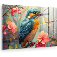MuchoWow Glasschilderij 30x20 cm - Schilderij acrylglas - IJsvogel - Bloesem - Natuur - Vogels - Bloemen - Foto op glas - Muurdecoratie woonkamer - Wanddecoratie slaapkamer - Schilderijen