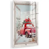 MuchoWow Glasschilderij 40x60 cm - Schilderij acrylglas - Auto - Rood - Cadeaus - Winter - Kerst - Doorkijk - Wit - Foto op glas - Muurdecoratie woonkamer - Wanddecoratie slaapkamer - Schilderijen