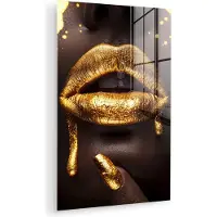 MuchoWow Glasschilderij 40x60 cm - Schilderij acrylglas - Gouden lippen - Gezicht - Vrouw - Modern - Foto op glas - Muurdecoratie woonkamer - Wanddecoratie slaapkamer - Schilderijen