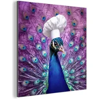 MuchoWow Aluminium schilderij 90x90 cm - Wanddecoratie metaal - Pauw - Koksmuts - Cool - Paars - Metalen muurdecoratie woonkamer - Decoratie industrieel - Foto op dibond - Industriële accessoires slaapkamer