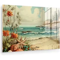 MuchoWow Glasschilderij 180x120 cm - Schilderij acrylglas - Vintage - Zee - Rotsen - Planten - Natuur - Foto op glas - Muurdecoratie woonkamer - Wanddecoratie slaapkamer - Schilderijen