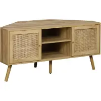 Sweeek - Hoek-tv-meubel in houtdecor en rotan, 2 deuren, 1 plank, 115 cm