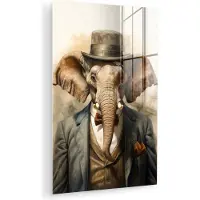 MuchoWow Glasschilderij 120x180 cm - Schilderij acrylglas - Vintage - Olifant - Hoed - Pak - Licht - Dieren - Foto op glas - Muurdecoratie woonkamer - Wanddecoratie slaapkamer - Schilderijen