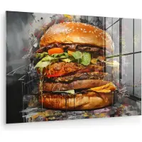 MuchoWow Glasschilderij 90x60 cm - Schilderij acrylglas - Burger - Eten - Kunst - Grijs - Graffiti - Foto op glas - Muurdecoratie woonkamer - Wanddecoratie slaapkamer - Schilderijen