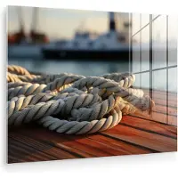 MuchoWow Glasschilderij 160x120 cm - Schilderij acrylglas - Touw - Boot - Maritiem - Hout - Haven - Foto op glas - Muurdecoratie woonkamer - Wanddecoratie slaapkamer - Schilderijen