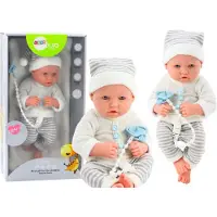 Lean Toys Levensechte babypop - wit/grijs gestreept - 35x16x10 cm - incl accessoires