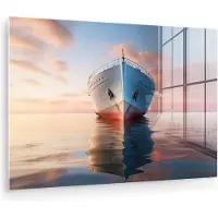 MuchoWow Glasschilderij 180x120 cm - Schilderij acrylglas - Boot - Water - Wit - Zee - Natuur - Foto op glas - Muurdecoratie woonkamer - Wanddecoratie slaapkamer - Schilderijen