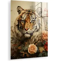 MuchoWow Glasschilderij 120x160 cm - Schilderij acrylglas - Vintage - Tijger - Bloemen - Dieren - Wit - Foto op glas - Muurdecoratie woonkamer - Wanddecoratie slaapkamer - Schilderijen