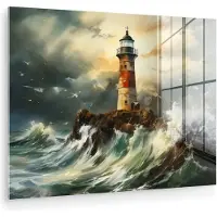 MuchoWow Glasschilderij 40x30 cm - Schilderij acrylglas - Vuurtoren - Water - Zee - Rots - Olieverf - Foto op glas - Muurdecoratie woonkamer - Wanddecoratie slaapkamer - Schilderijen