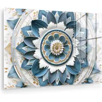 MuchoWow Glasschilderij 60x40 cm - Schilderij acrylglas - Mandala - Blauw - wit - Goud - Foto op glas - Muurdecoratie woonkamer - Wanddecoratie slaapkamer - Schilderijen