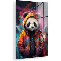 MuchoWow Glasschilderij 100x150 cm - Schilderij acrylglas - Panda - Jas - Graffiti - Oranje - Foto op glas - Muurdecoratie woonkamer - Wanddecoratie slaapkamer - Schilderijen