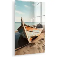 MuchoWow Glasschilderij 120x180 cm - Schilderij acrylglas - Boot - Zee - Zand - Strand - Natuur - Hout - Foto op glas - Muurdecoratie woonkamer - Wanddecoratie slaapkamer - Schilderijen