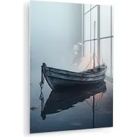 MuchoWow Glasschilderij 60x80 cm - Schilderij acrylglas - Boot - Mist - Water - Natuur - Foto op glas - Muurdecoratie woonkamer - Wanddecoratie slaapkamer - Schilderijen
