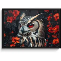 PosterMonkey Poster in lijst - Fotolijst 60x40 cm - Posters - Uil - Bosdieren - Rode bloemen - Natuur - Posterlijst zwart - Decoratie - Wanddecoratie woonkamer - Muurdecoratie slaapkamer