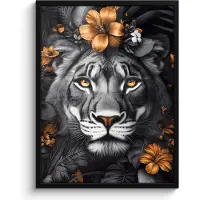 PosterMonkey Fotolijst incl. Poster Zwart Wit- Tijger - Zwart wit - Goud - Bloemen - Botanisch - 60x80 cm - Posterlijst
