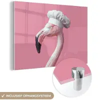 MuchoWow Glasschilderij 180x120 cm - Schilderij acrylglas - Flamingo - Roze - Koksmuts - Vogel - Foto op glas - Muurdecoratie woonkamer - Wanddecoratie slaapkamer - Schilderijen