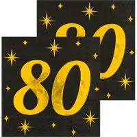 Paper Dreams Paperdreams Verjaardag feest servetten - leeftijd 80 jaar - 32x stuks - zwart/goud - sterren - 33 x 33 cm