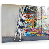 MuchoWow Glasschilderij 150x100 cm - Schilderij acrylglas - Graffiti - Jongen - Ilussie - Street art - Foto op glas - Muurdecoratie woonkamer - Wanddecoratie slaapkamer - Schilderijen