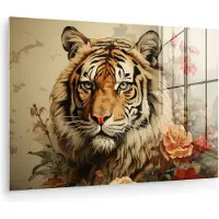MuchoWow Glasschilderij 60x40 cm - Schilderij acrylglas - Vintage - Tijger - Bloemen - Dieren - Wit - Foto op glas - Muurdecoratie woonkamer - Wanddecoratie slaapkamer - Schilderijen