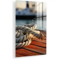 MuchoWow Glasschilderij 60x90 cm - Schilderij acrylglas - Touw - Boot - Maritiem - Hout - Haven - Foto op glas - Muurdecoratie woonkamer - Wanddecoratie slaapkamer - Schilderijen