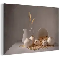 MuchoWow Aluminium schilderij 60x40 cm - Wanddecoratie metaal - Uien - Stilleven - Wit - Beige - Metalen muurdecoratie woonkamer - Decoratie industrieel - Foto op dibond - Industriële accessoires slaapkamer
