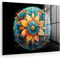 MuchoWow Glasschilderij 160x120 cm - Schilderij acrylglas - Mandala - Blauw - Oranje - Zwart - Bloemen - Foto op glas - Muurdecoratie woonkamer - Wanddecoratie slaapkamer - Schilderijen