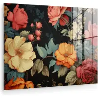 MuchoWow Glasschilderij 120x90 cm - Schilderij acrylglas - Vintage - Bloemen - Natuur - Zwart - Kleuren - Foto op glas - Muurdecoratie woonkamer - Wanddecoratie slaapkamer - Schilderijen