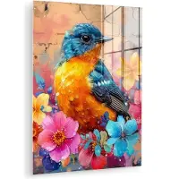 MuchoWow Glasschilderij 60x80 cm - Schilderij acrylglas - Graffiti - Vogel - Bloemen - Streetart - Foto op glas - Muurdecoratie woonkamer - Wanddecoratie slaapkamer - Schilderijen