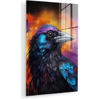 MuchoWow Glasschilderij 60x90 cm - Schilderij acrylglas - Vogel - Kraai - Graffiti - Zwart - Dieren - Foto op glas - Muurdecoratie woonkamer - Wanddecoratie slaapkamer - Schilderijen