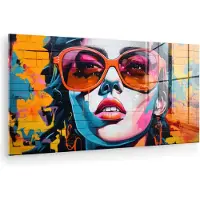 MuchoWow Glasschilderij 160x80 cm - Schilderij acrylglas - Vrouw - Bril - Kleuren - Graffiti - Foto op glas - Muurdecoratie woonkamer - Wanddecoratie slaapkamer - Schilderijen