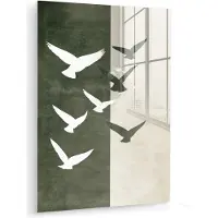 MuchoWow Glasschilderij 120x160 cm - Schilderij acrylglas - Japandi - Vogel - Groen - Foto op glas - Muurdecoratie woonkamer - Wanddecoratie slaapkamer - Schilderijen
