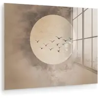 MuchoWow Glasschilderij 160x120 cm - Schilderij acrylglas - Vogel - Beige - Japandi - Foto op glas - Muurdecoratie woonkamer - Wanddecoratie slaapkamer - Schilderijen