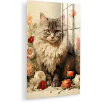 MuchoWow Glasschilderij 20x30 cm - Schilderij acrylglas - Vintage - Kat - Bloemen - Wit - Natuur - Dieren - Foto op glas - Muurdecoratie woonkamer - Wanddecoratie slaapkamer - Schilderijen
