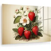 MuchoWow Glasschilderij 30x20 cm - Schilderij acrylglas - Vintage - Aardbei - Planten - Fruit - Natuur - Beige - Foto op glas - Muurdecoratie woonkamer - Wanddecoratie slaapkamer - Schilderijen