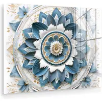 MuchoWow Glasschilderij 160x120 cm - Schilderij acrylglas - Mandala - Blauw - wit - Goud - Foto op glas - Muurdecoratie woonkamer - Wanddecoratie slaapkamer - Schilderijen