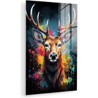 MuchoWow Glasschilderij 80x120 cm - Schilderij acrylglas - Hert - Graffiti - Dieren - Kleuren - Foto op glas - Muurdecoratie woonkamer - Wanddecoratie slaapkamer - Schilderijen