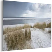 MuchoWow Aluminium schilderij 160x120 cm - Wanddecoratie metaal - Noordzee - Duinen - Water - Metalen muurdecoratie woonkamer - Decoratie industrieel - Foto op dibond - Industriële accessoires slaapkamer