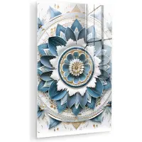 MuchoWow Glasschilderij 120x180 cm - Schilderij acrylglas - Mandala - Blauw - wit - Goud - Foto op glas - Muurdecoratie woonkamer - Wanddecoratie slaapkamer - Schilderijen