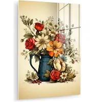 MuchoWow Glasschilderij 120x160 cm - Schilderij acrylglas - Vintage - Bloemen - Vaas - Kleuren - Beige - Foto op glas - Muurdecoratie woonkamer - Wanddecoratie slaapkamer - Schilderijen