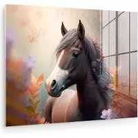MuchoWow Glasschilderij 120x90 cm - Schilderij acrylglas - Paard - Bloemen - Natuur - Paars - Dieren - Foto op glas - Muurdecoratie woonkamer - Wanddecoratie slaapkamer - Schilderijen