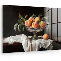 MuchoWow Glasschilderij 150x100 cm - Schilderij acrylglas - Stilleven - Perziken - Vintage - Foto op glas - Muurdecoratie woonkamer - Wanddecoratie slaapkamer - Schilderijen