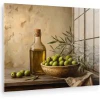 MuchoWow Glasschilderij 160x120 cm - Schilderij acrylglas - Olijven - Stilleven - Vintage - Foto op glas - Muurdecoratie woonkamer - Wanddecoratie slaapkamer - Schilderijen