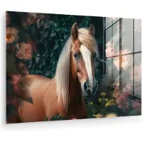 MuchoWow Glasschilderij 180x120 cm - Schilderij acrylglas - Paard - Natuur - Bloemen - Bos - Dieren - Foto op glas - Muurdecoratie woonkamer - Wanddecoratie slaapkamer - Schilderijen