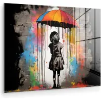 MuchoWow Glasschilderij 40x30 cm - Schilderij acrylglas - Meisje - Kunst - Paraplu - Graffiti - Kleuren - Muur - Foto op glas - Muurdecoratie woonkamer - Wanddecoratie slaapkamer - Schilderijen