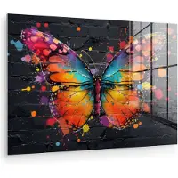 MuchoWow Glasschilderij 150x100 cm - Schilderij acrylglas - Vlinder - Graffiti - Neon art - Kleurrijk - Kunst - Foto op glas - Muurdecoratie woonkamer - Wanddecoratie slaapkamer - Schilderijen